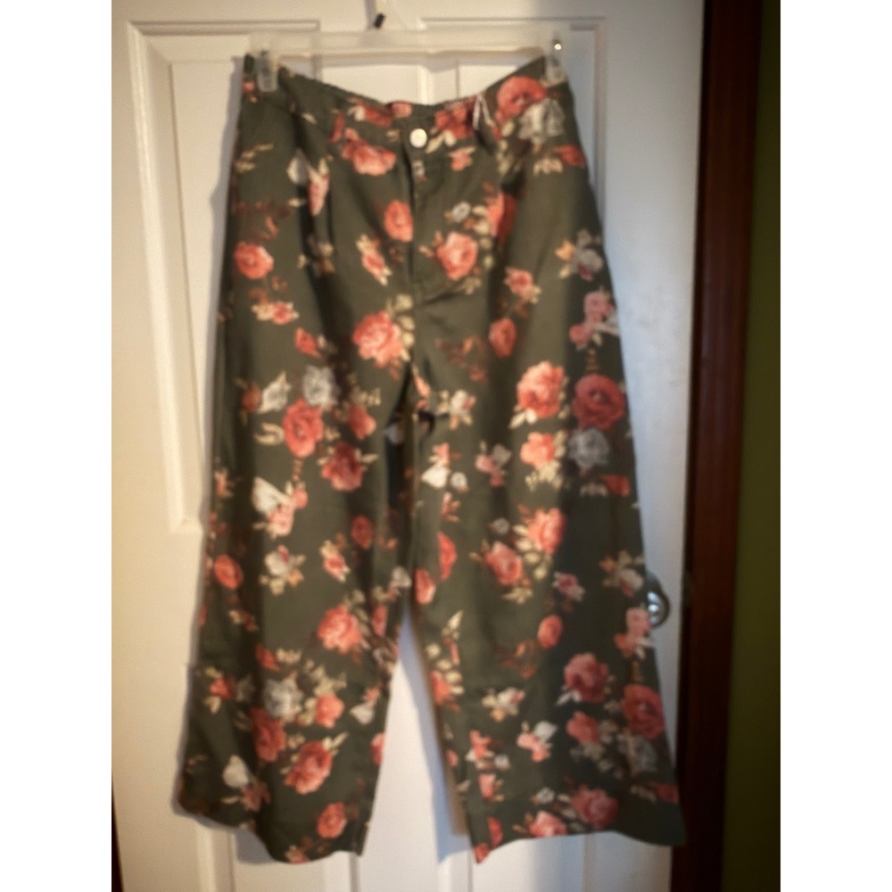 Loveimgs Floral Wide Leg Pants Olive Green Rose Print Cotton Blend Large NWT - Picture 4 of 7